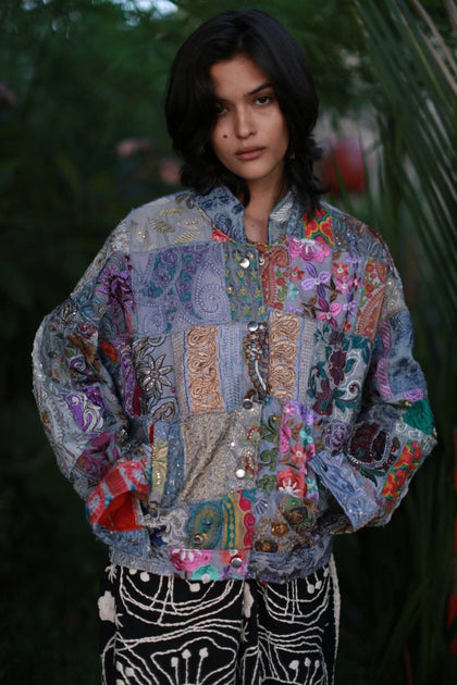 Embroidered Patchwork Bomber Jacket Serena, hand made - MOMO