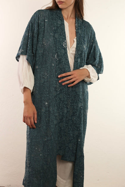 FLOWER EMERALD GREEN SILK KIMONO ISLA, hand made
