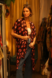 SILK KIMONO BROWN LITTLE PINK FLOWER