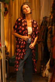 SILK KIMONO BROWN LITTLE PINK FLOWER