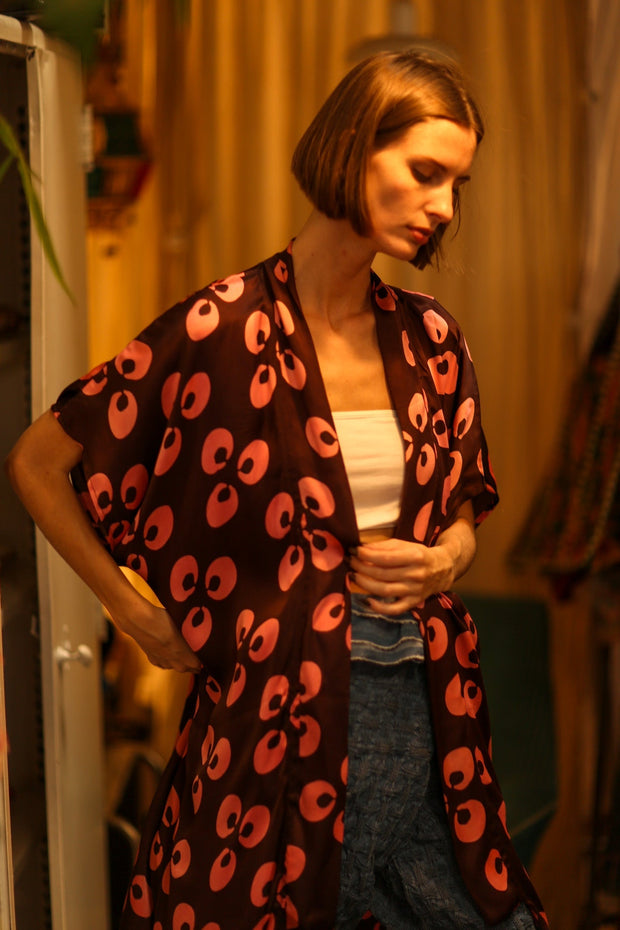 SILK KIMONO BROWN LITTLE PINK FLOWER