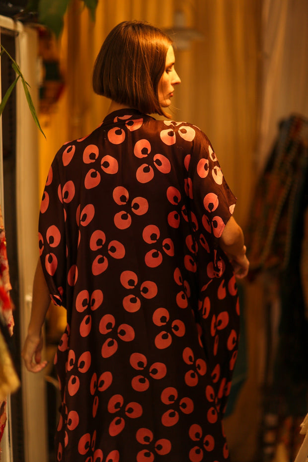 SILK KIMONO BROWN LITTLE PINK FLOWER