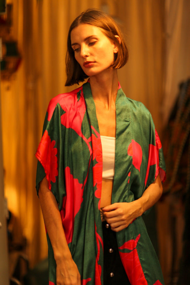 SILK KIMONO GREEN AND PINK