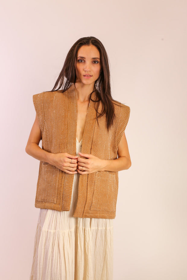 BEIGE KANTHA VEST GIDI - sustainably made MOMO NEW YORK sustainable clothing, slow fashion