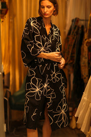 BLACK LINEN EMBROIDERED KIMONO MARIETTA - sustainably made MOMO NEW YORK sustainable clothing, bestseller slow fashion