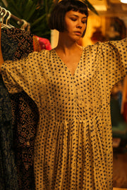 BLOCK PRINT SILK KAFTAN DRESS LIA - sustainably made MOMO NEW YORK sustainable clothing, kaftan slow fashion