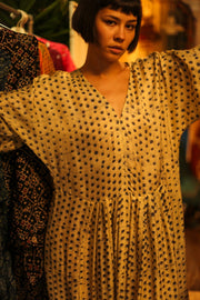 BLOCK PRINT SILK KAFTAN DRESS LIA - sustainably made MOMO NEW YORK sustainable clothing, kaftan slow fashion