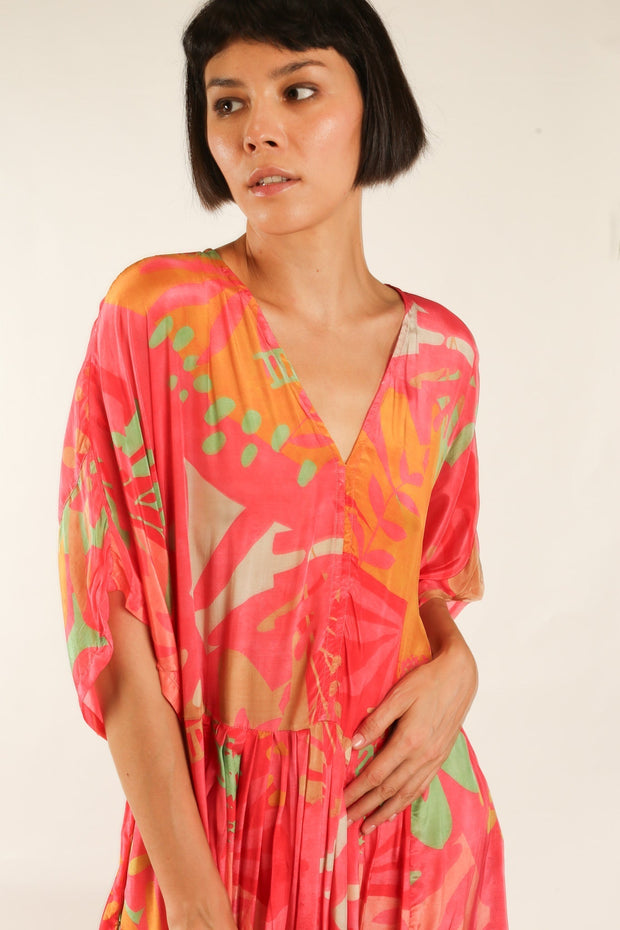 BLOCK PRINT SILK KAFTAN DRESS LIA - sustainably made MOMO NEW YORK sustainable clothing, kaftan slow fashion