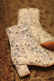 BLUE WHITE SILK EMBROIDERED BOOTS SCOOBERT - sustainably made MOMO NEW YORK sustainable clothing, boots slow fashion