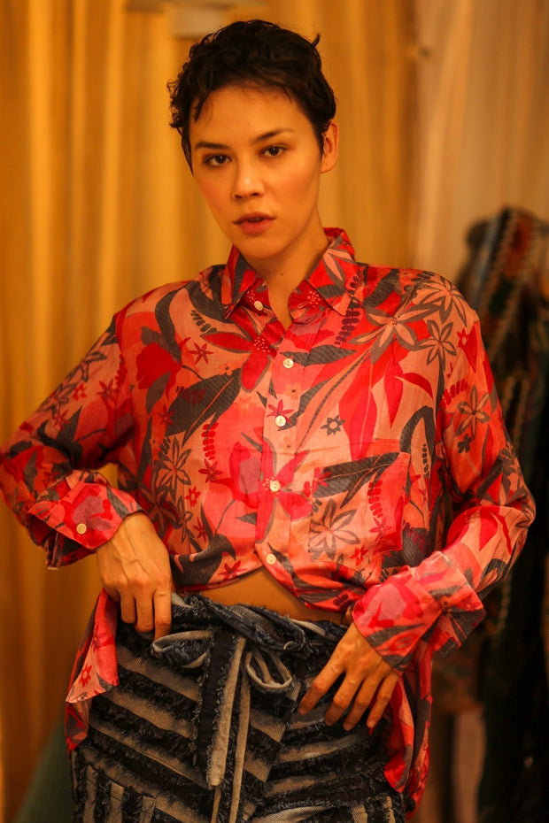 BOYFRIEND BILLIE LIGHT RED JUNGLE - sustainably made MOMO NEW YORK sustainable clothing, boyfrend shirt slow fashion