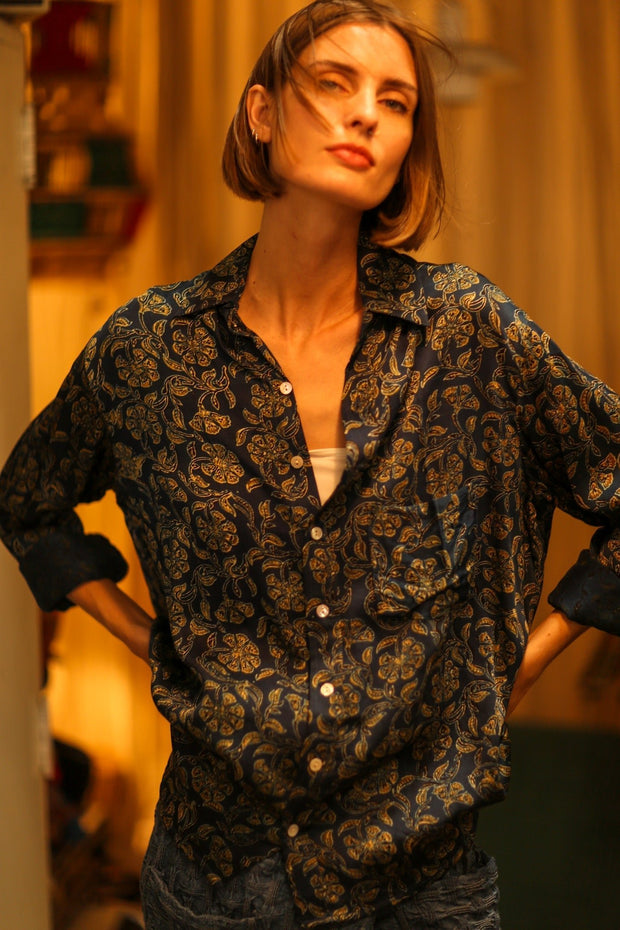 BOYFRIEND BILLIE NAVY BLUE FLOWER - sustainably made MOMO NEW YORK sustainable clothing, boyfrend shirt slow fashion