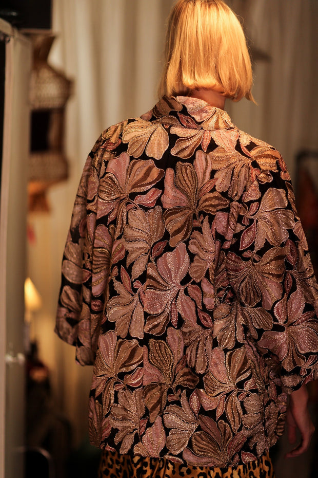 CARINE EMBROIDERED SILK KIMONO BLACK AND PINK - sustainably made MOMO NEW YORK sustainable clothing, embellished slow fashion