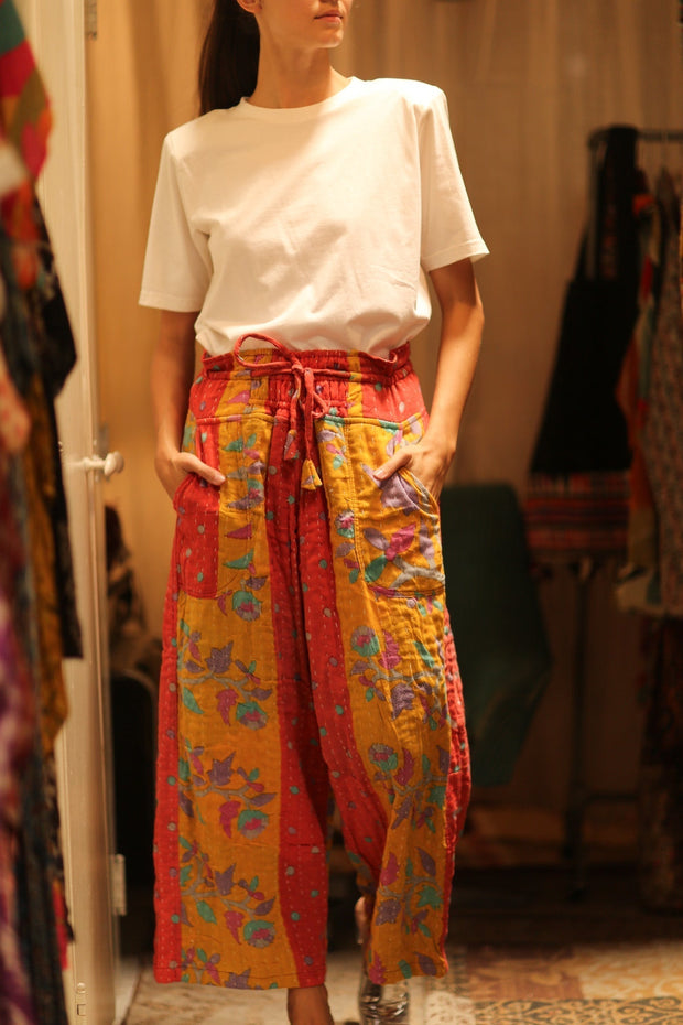 COTTON PANTS LENA MORNING COFFEE - sustainably made MOMO NEW YORK sustainable clothing, embroidered slow fashion