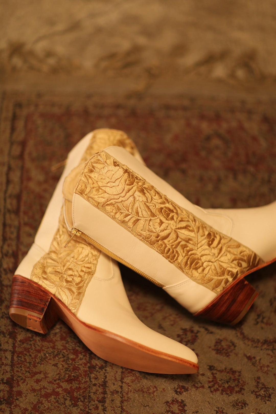 CREAM BORDER TRIM BOOTS AZRA, hand made - MOMO NEW YORK