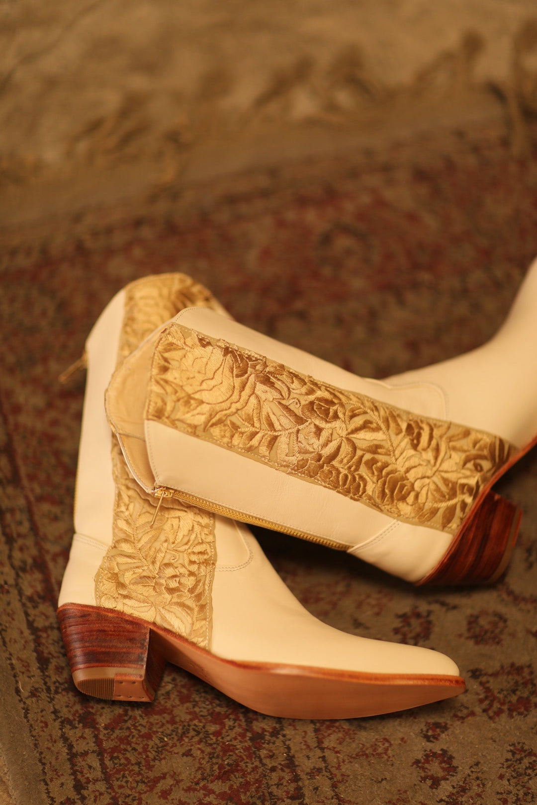 cream dress boots women CREAM BORDER TRIM BOOTS AZRA, hand made - MOMO NEW YORK