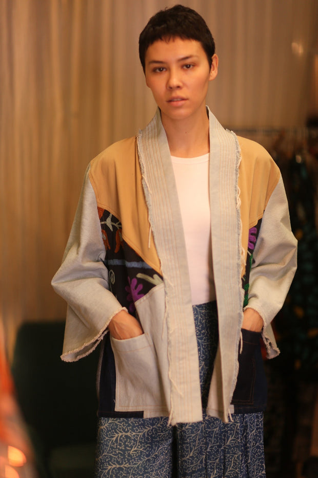 DENIM PATCHWORK KIMONO LYKE - sustainably made MOMO NEW YORK sustainable clothing, coatandjacket slow fashion