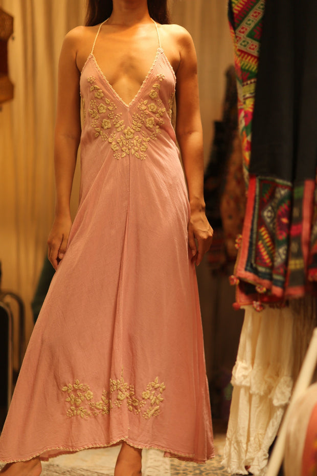 EMBROIDERED COTTON DRESS ROSE - sustainably made MOMO NEW YORK sustainable clothing, Boho Chic Dress slow fashion