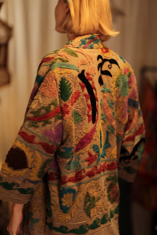 EMBROIDERED KANTHA KIMONO MONTY ISLAND FLOWERS - sustainably made MOMO NEW YORK sustainable clothing, embellished slow fashion
