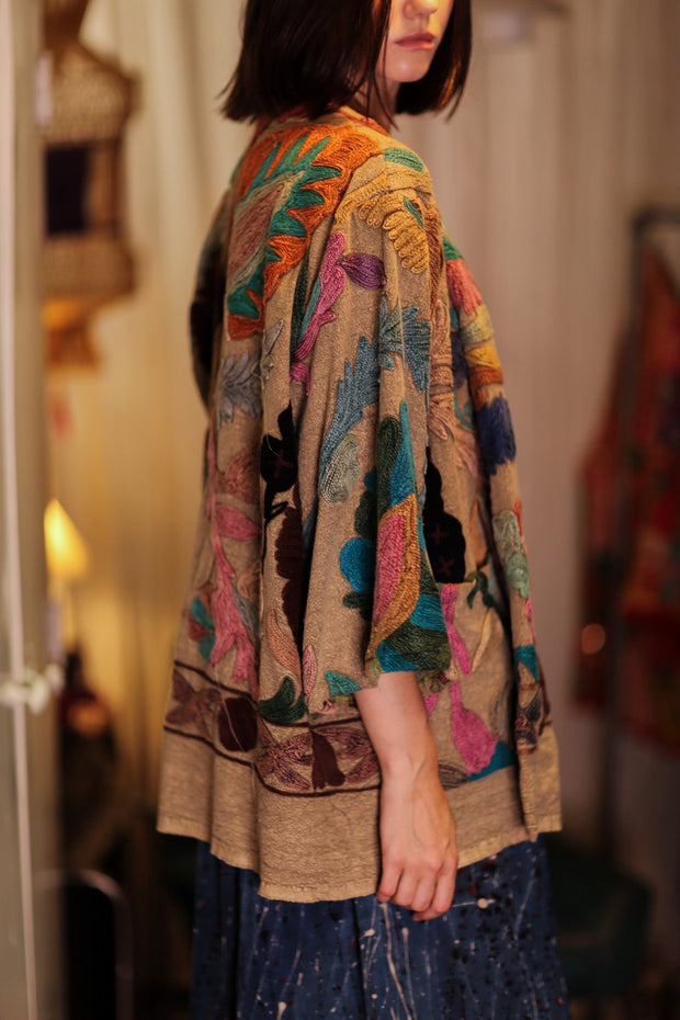 EMBROIDERED KANTHA KIMONO MONTY TROPIC FLOWER - sustainably made MOMO NEW YORK sustainable clothing, embellished slow fashion