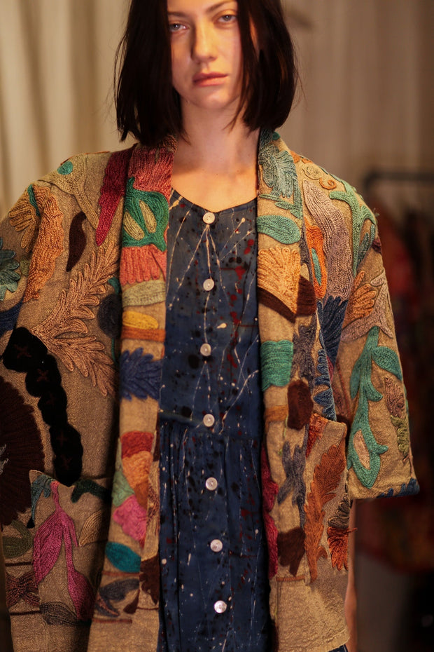 EMBROIDERED KANTHA KIMONO MONTY TROPIC FLOWER - sustainably made MOMO NEW YORK sustainable clothing, embellished slow fashion