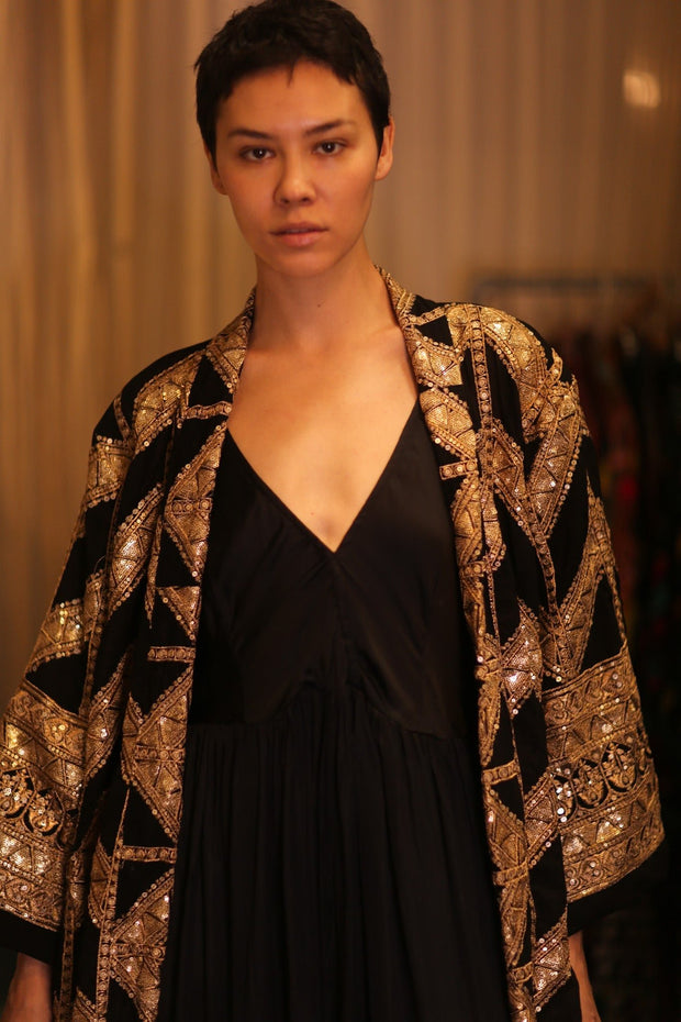 EMBROIDERED SILK KIMONO BLACKGOLD - sustainably made MOMO NEW YORK sustainable clothing, kimono slow fashion
