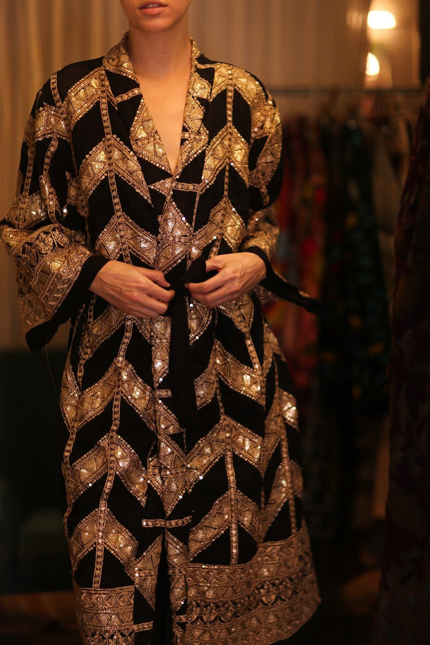 EMBROIDERED SILK KIMONO BLACKGOLD - sustainably made MOMO NEW YORK sustainable clothing, kimono slow fashion