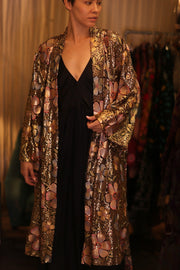EMBROIDERED SILK KIMONO FLOWERS GOLDEN - sustainably made MOMO NEW YORK sustainable clothing, kimono slow fashion