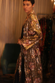 EMBROIDERED SILK KIMONO FLOWERS GOLDEN - sustainably made MOMO NEW YORK sustainable clothing, kimono slow fashion