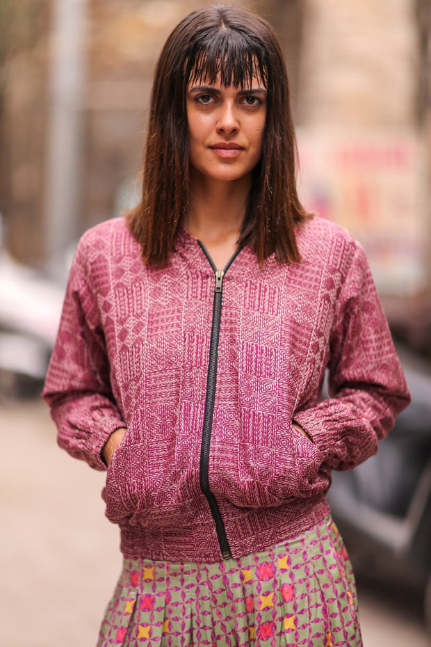 EMBROIDERED SILKE BOMBER JACKET CLAIRE - sustainably made MOMO NEW YORK sustainable clothing, Jacket slow fashion