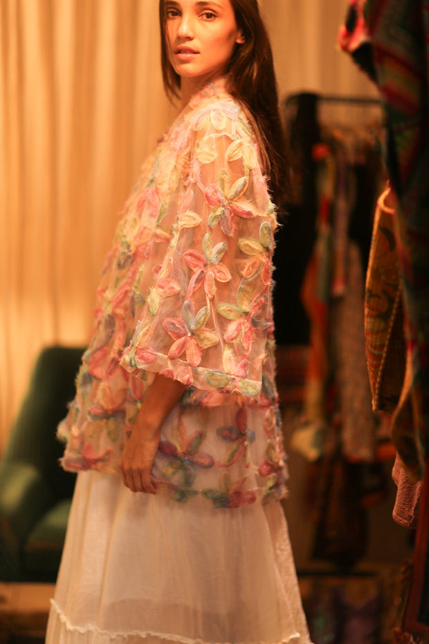 FEATHER FRILL SHORT KIMONO LORILA - sustainably made MOMO NEW YORK sustainable clothing, kimono slow fashion