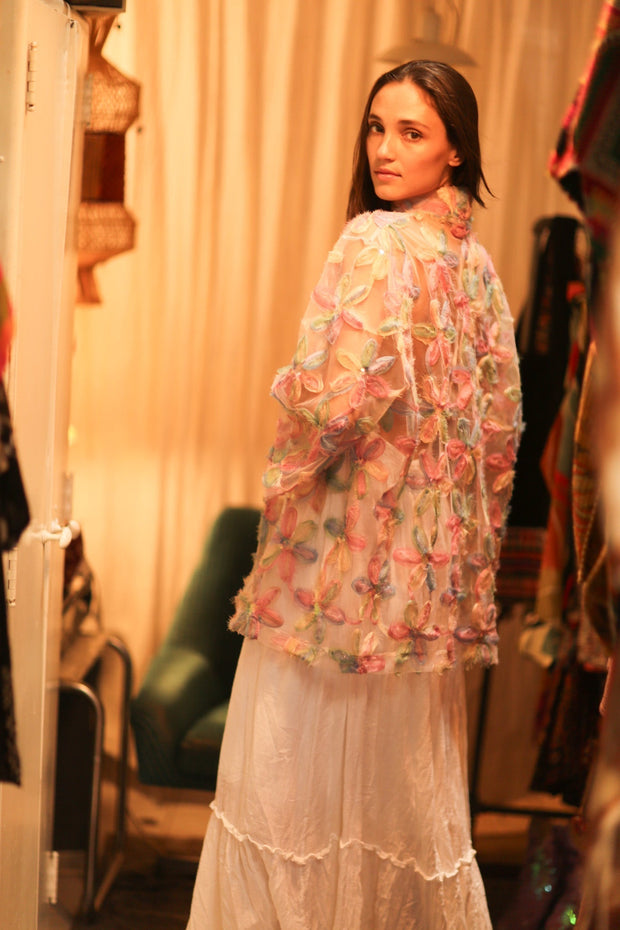 FEATHER FRILL SHORT KIMONO LORILA - sustainably made MOMO NEW YORK sustainable clothing, kimono slow fashion