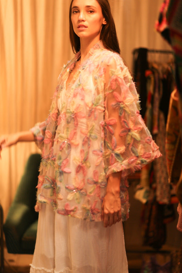 FEATHER FRILL SHORT KIMONO LORILA - sustainably made MOMO NEW YORK sustainable clothing, kimono slow fashion