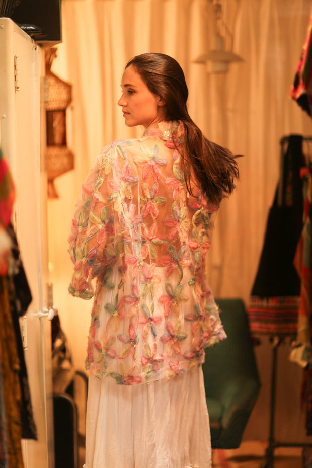 FEATHER FRILL SHORT KIMONO LORILA - sustainably made MOMO NEW YORK sustainable clothing, kimono slow fashion