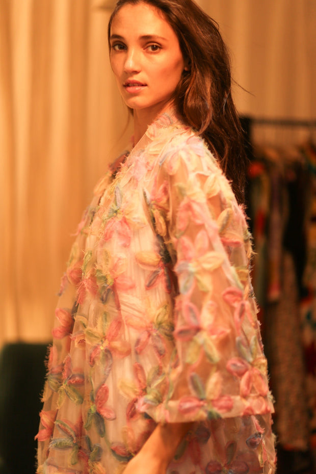 FEATHER FRILL SHORT KIMONO LORILA - sustainably made MOMO NEW YORK sustainable clothing, kimono slow fashion