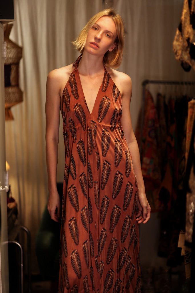 HANNAH SILK DRESS BROWN FEATHER, hand made - MOMO NEW YORK
