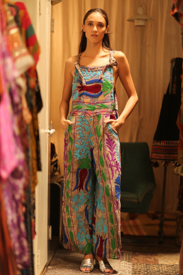 KANTHA EMBROIDERED JUMPSUIT FREYA - sustainably made MOMO NEW YORK sustainable clothing, jumpsuit slow fashion