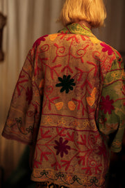 KANTHA EMBROIDERED SHORT MONTY KIMONO GRASS - sustainably made MOMO NEW YORK sustainable clothing, embellished slow fashion
