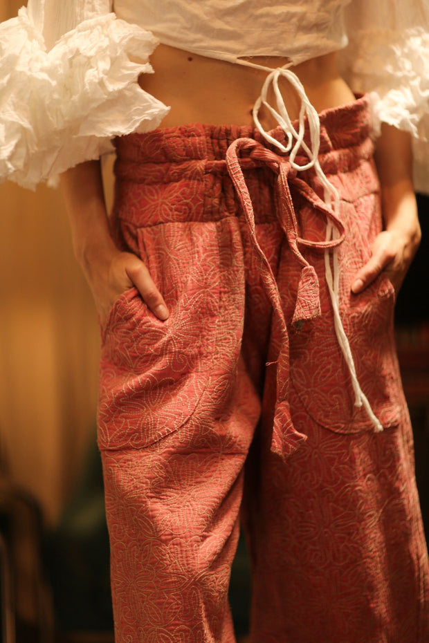 KANTHA PANTS LENA PINK SOLID - sustainably made MOMO NEW YORK sustainable clothing, embroidered slow fashion