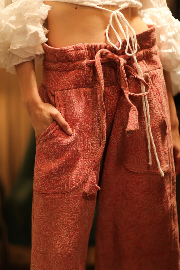 KANTHA PANTS LENA PINK SOLID - sustainably made MOMO NEW YORK sustainable clothing, embroidered slow fashion