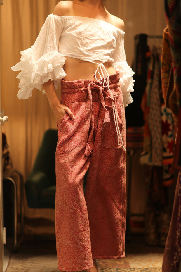 KANTHA PANTS LENA PINK SOLID - sustainably made MOMO NEW YORK sustainable clothing, embroidered slow fashion