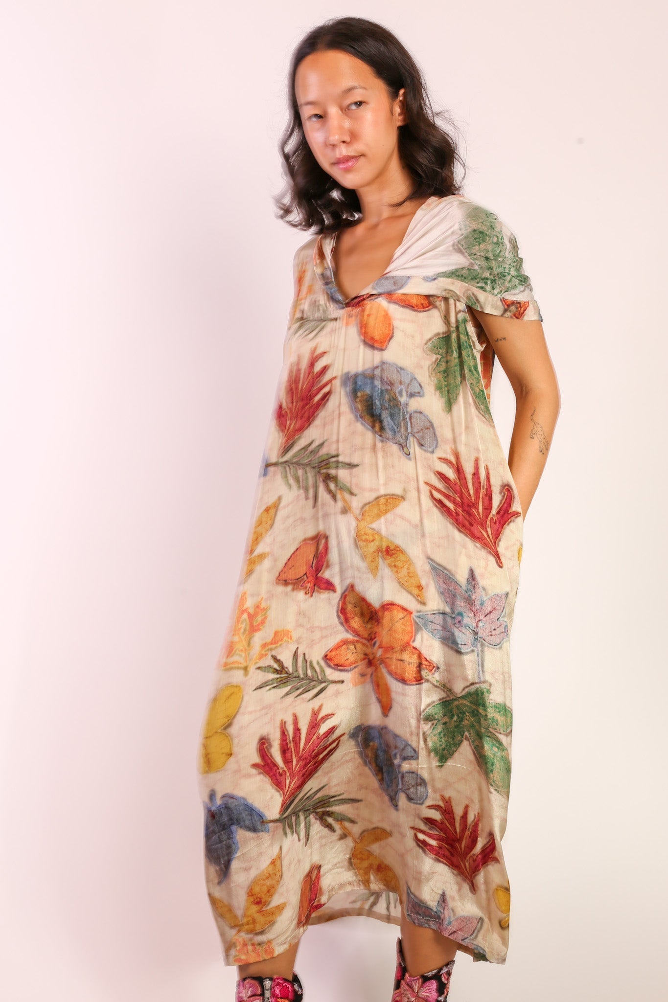 LEAVE HAND BLOCK PRINT SILK DRESS ISSI, hand made