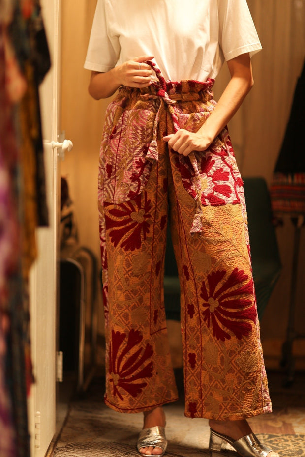 LENA KANTHA TROUSERS RED FLOWERS - sustainably made MOMO NEW YORK sustainable clothing, embroidered slow fashion