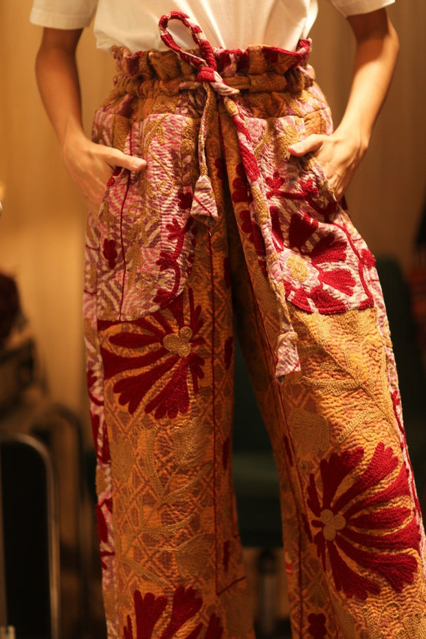 LENA KANTHA TROUSERS RED FLOWERS - sustainably made MOMO NEW YORK sustainable clothing, embroidered slow fashion