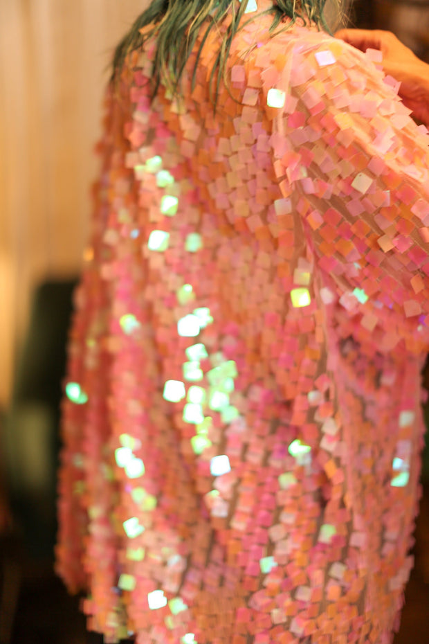 LIGHT PINK SHORT GLITTER KIMONO WITT - sustainably made MOMO NEW YORK sustainable clothing, bestseller slow fashion