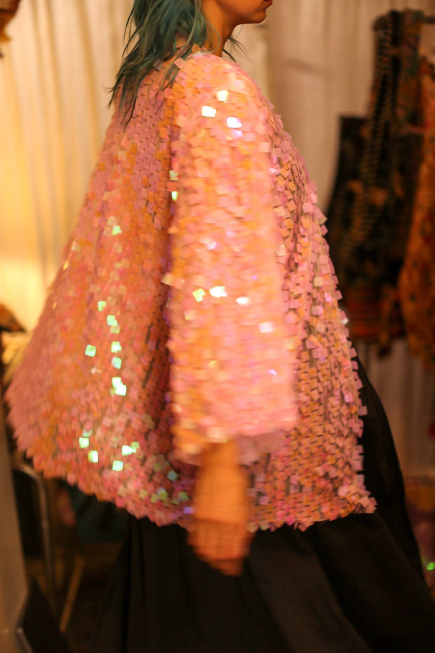 LIGHT PINK SHORT GLITTER KIMONO WITT - sustainably made MOMO NEW YORK sustainable clothing, bestseller slow fashion