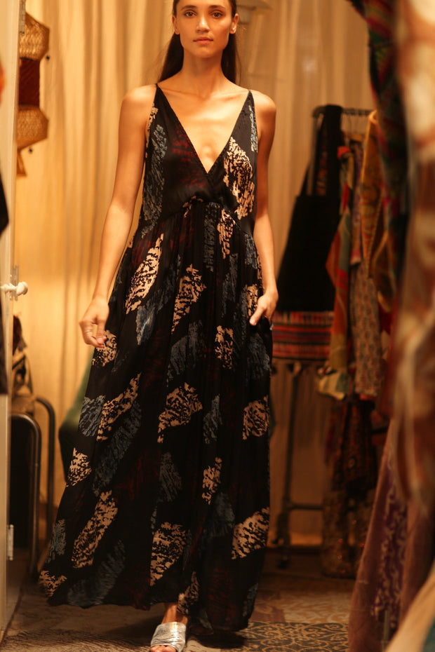 LILY SILK DRESS BLACK PAINTERS - sustainably made MOMO NEW YORK sustainable clothing, Boho Chic Dress slow fashion