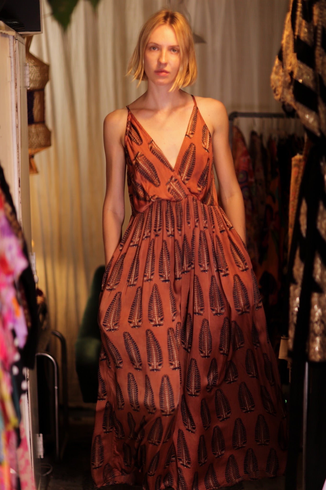 LILY SILK DRESS BROWN FEATHER, hand made - MOMO NEW YORK