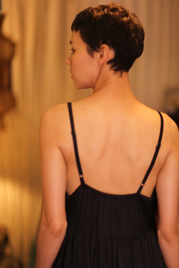 LILY SILK DRESS SOLID BLACK - sustainably made MOMO NEW YORK sustainable clothing, Boho Chic Dress slow fashion