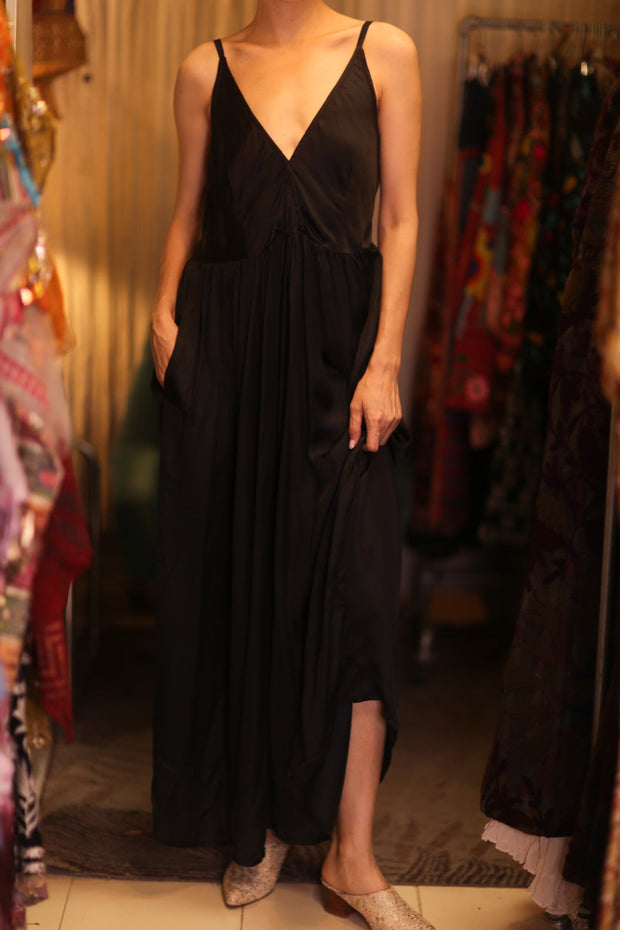 LILY SILK DRESS SOLID BLACK - sustainably made MOMO NEW YORK sustainable clothing, Boho Chic Dress slow fashion