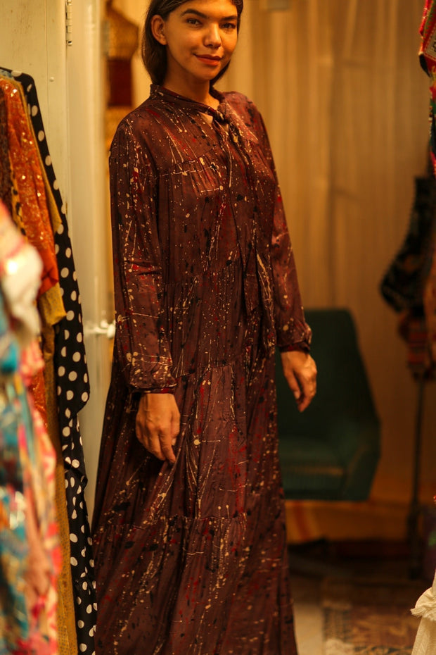 LOA SILK BUTTONED DRESS BURGUNDY POLLOCK - sustainably made MOMO NEW YORK sustainable clothing, Boho Chic Dress slow fashion